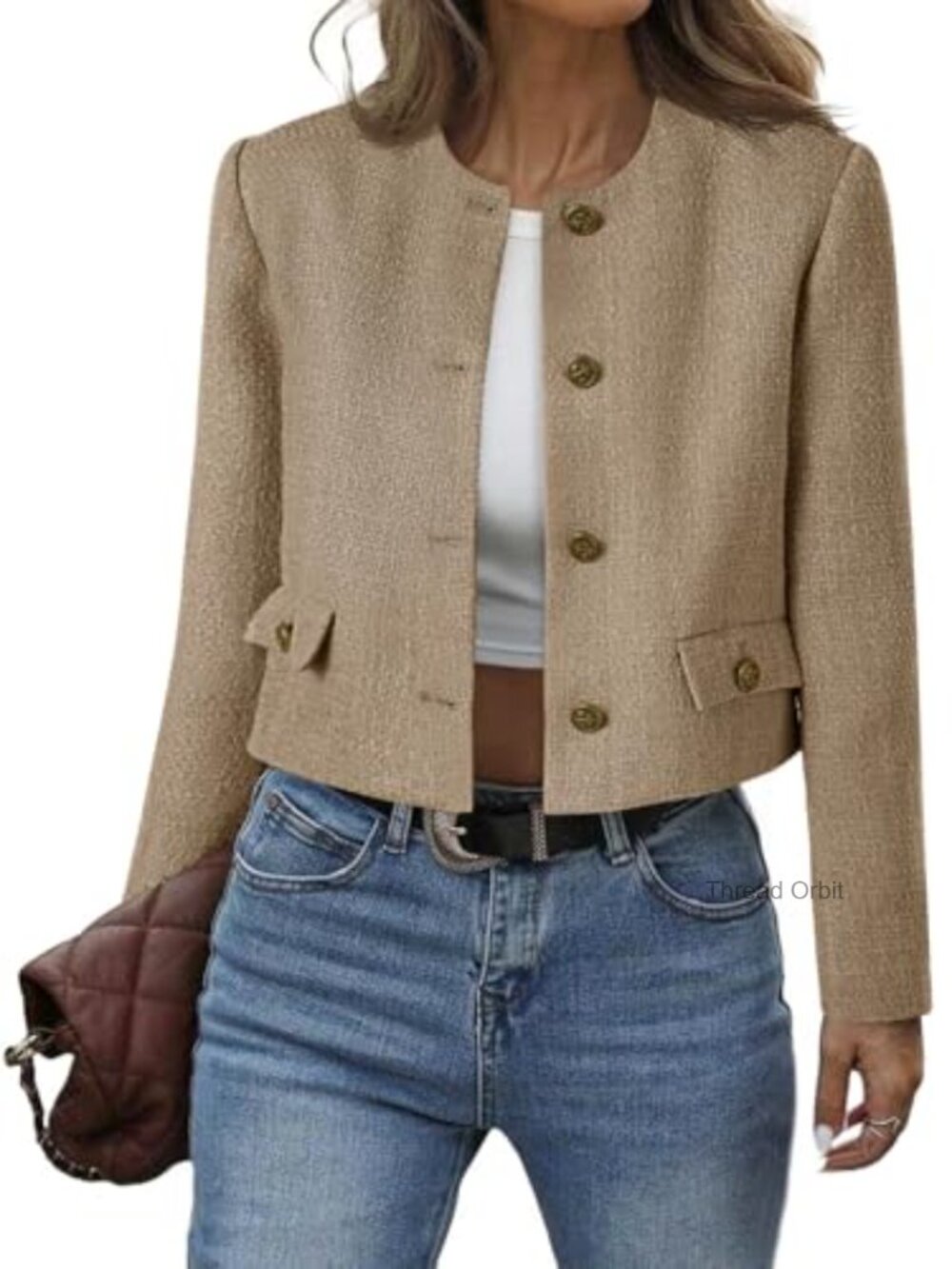 Cropped Tweed Blazer Collarless Button Down Bomber Jacket